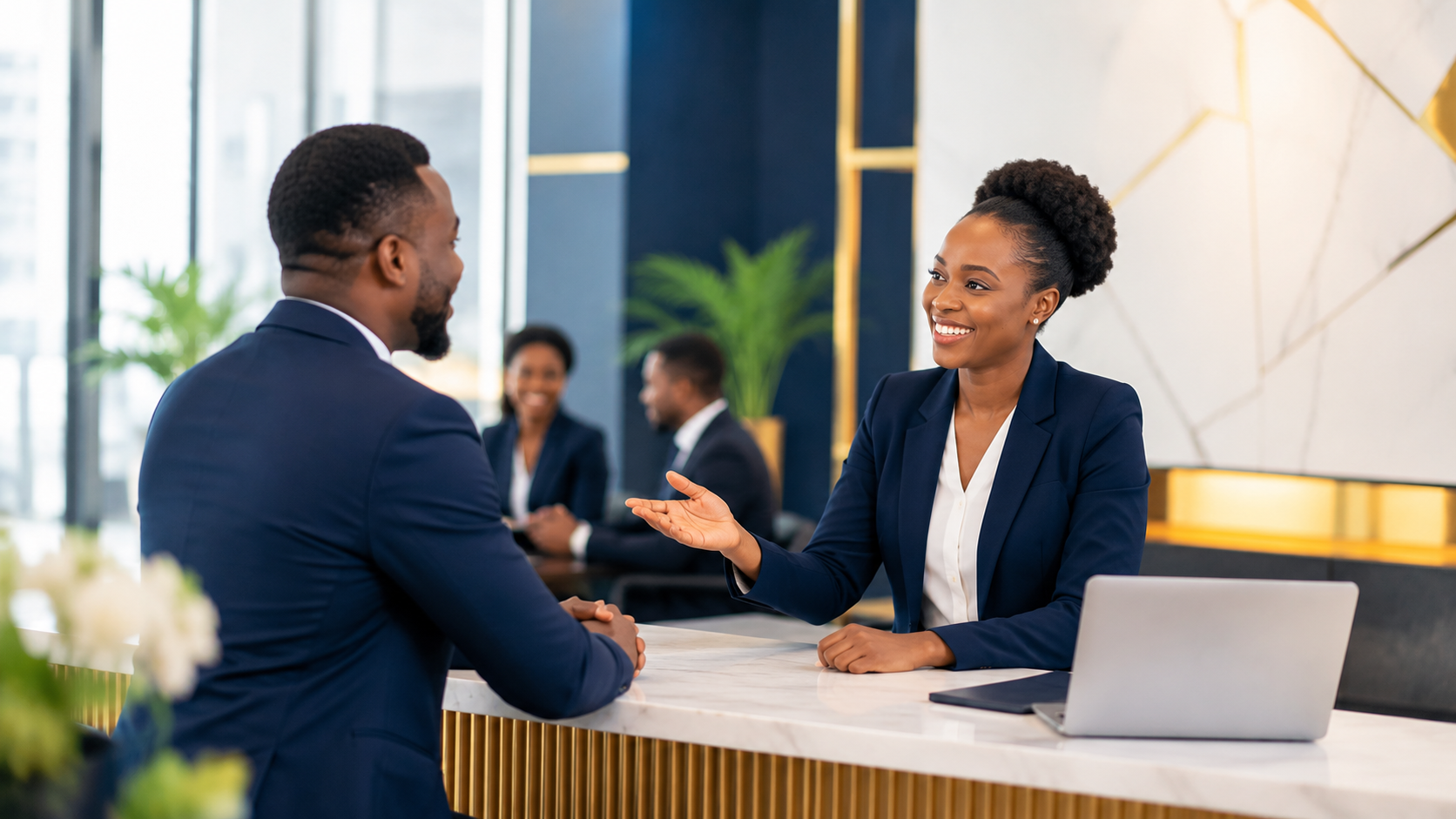 HR professional welcoming a client for a consultation.