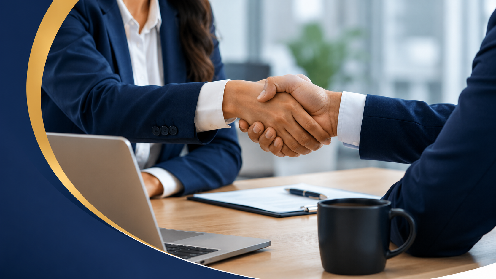 Professionals shaking hands during an HR business consultation.