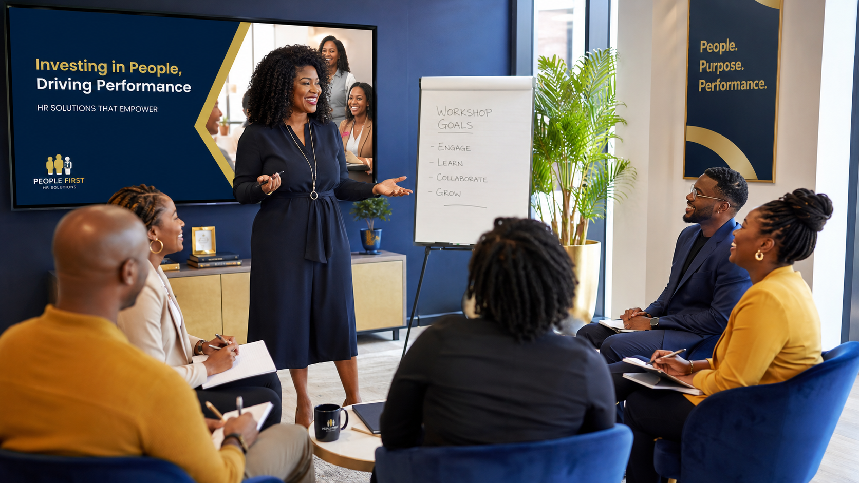 Professional facilitator leading an employee training and development workshop.