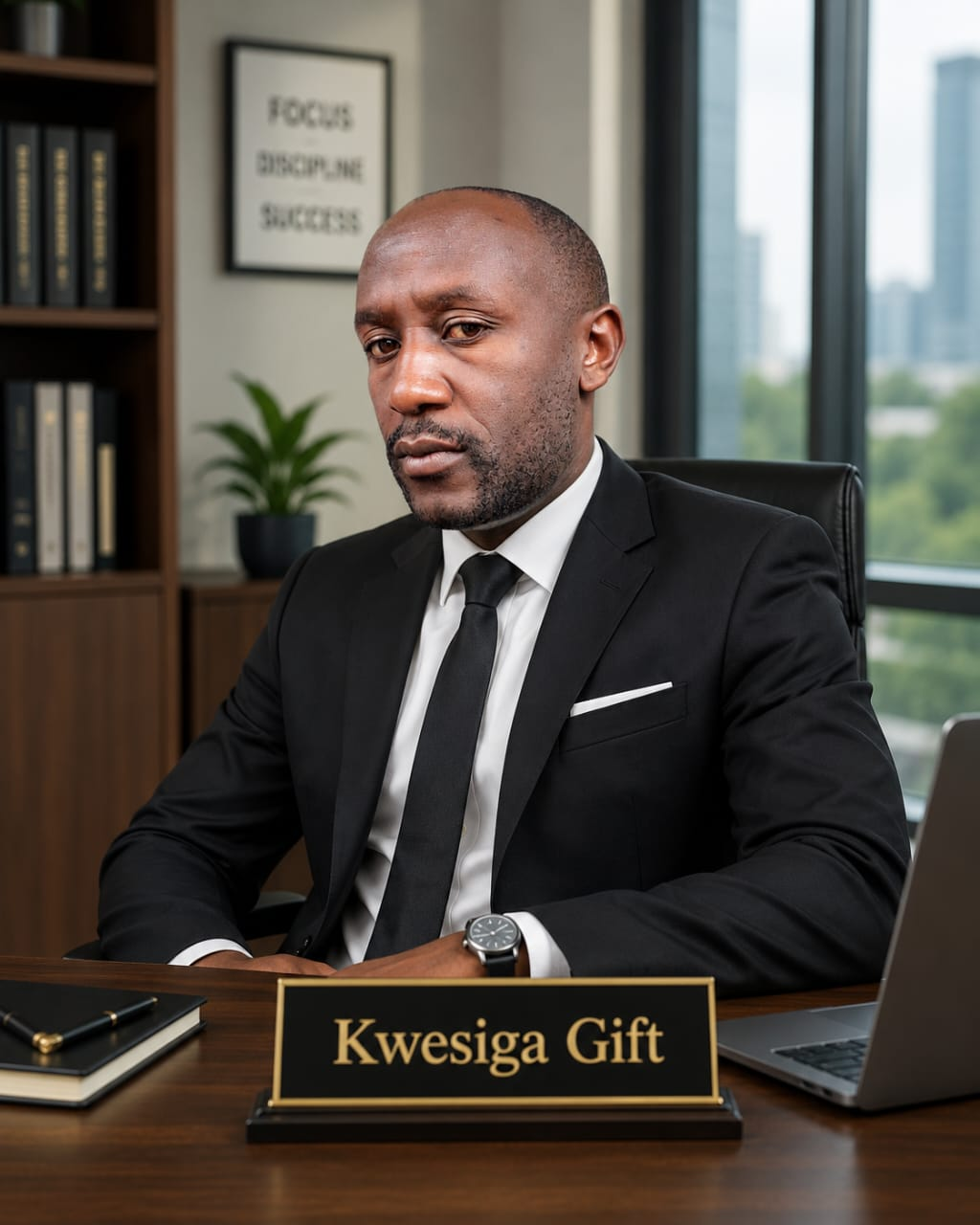 Kwesiga Gift seated in a professional office.